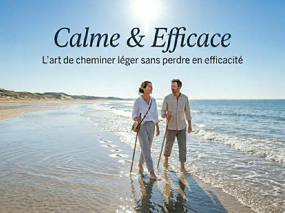 Programme "Calme et Efficace" Deux personnes marchant sur la plage, avec le texte "Calme & Efficace" en arrière-plan.