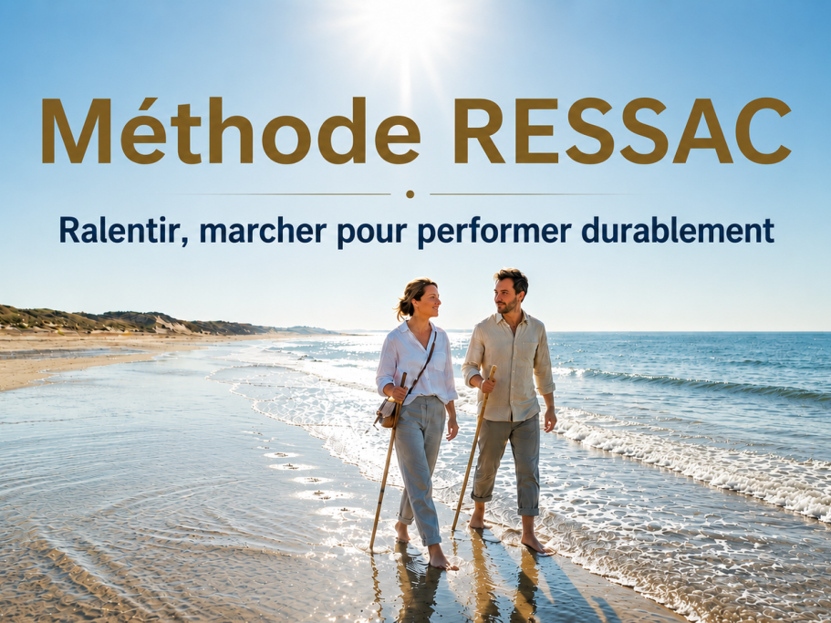 Programme "Calme et Efficace" Deux personnes marchant sur la plage, avec le texte "Calme & Efficace" en arrière-plan.